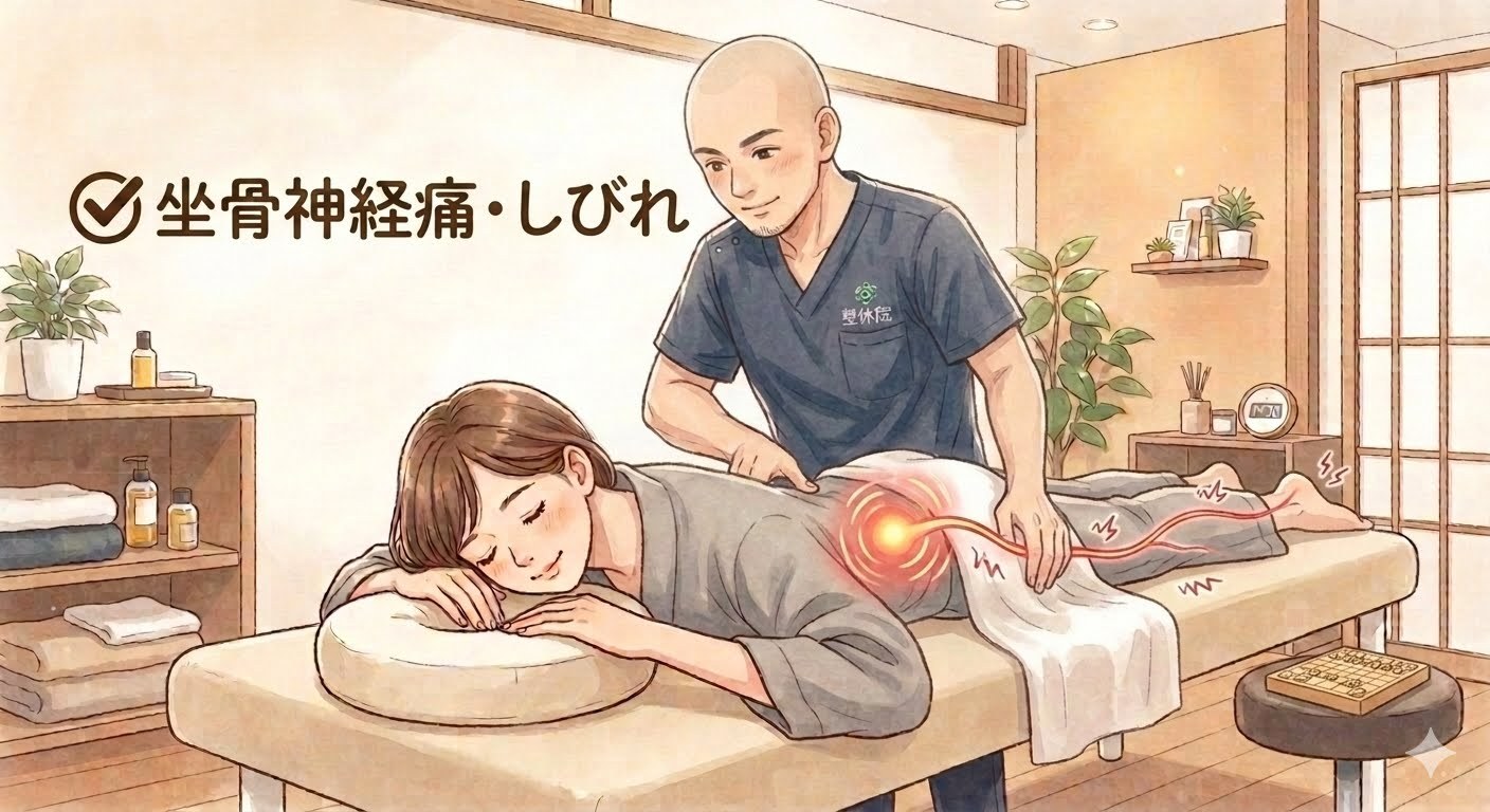 腰から脚の不調を訴える女性（坐骨神経痛・しびれ）