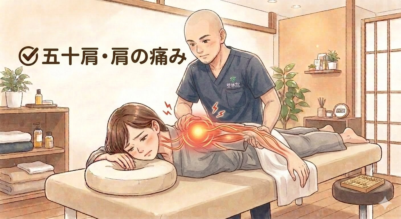 肩を押さえる男性（五十肩・肩の痛み）