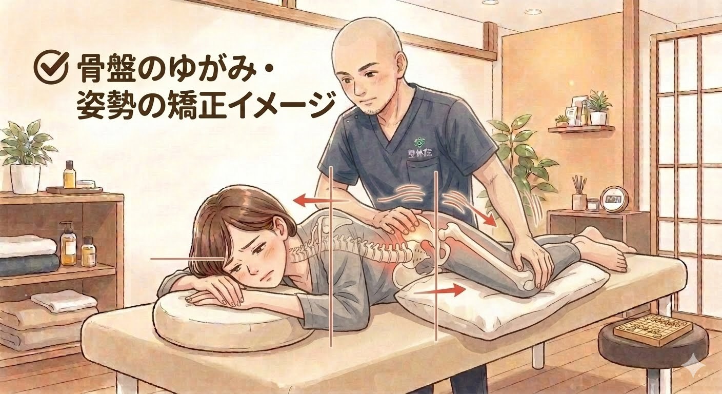 骨盤に手を当てて姿勢を確認する女性（骨盤のゆがみ・姿勢）
