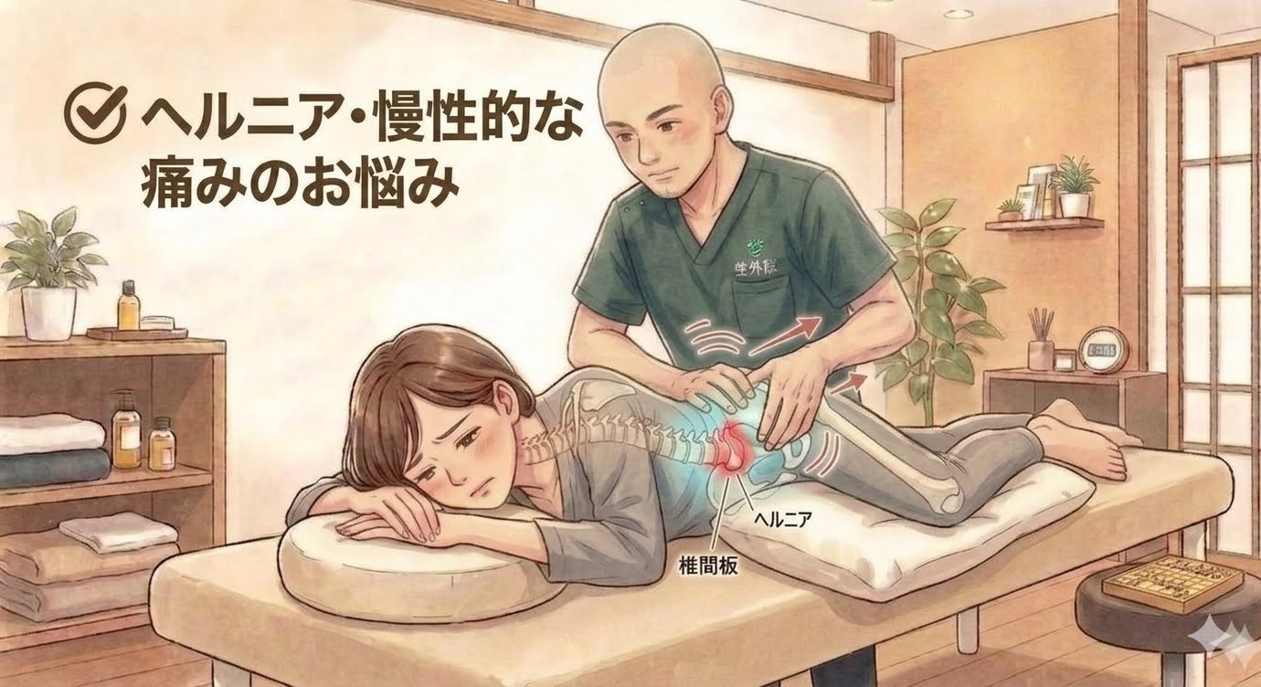 首の後ろを押さえる女性（ヘルニア・慢性痛）